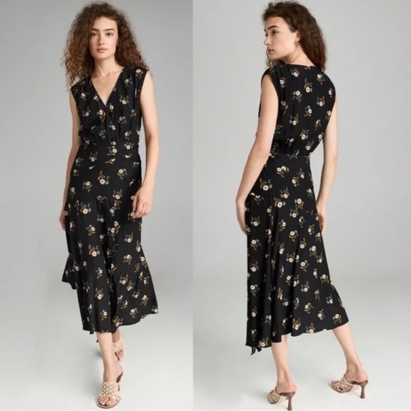 Veronica Beard Wixson Floral V-Neck Silk Blend Midi Dress Size 0 Black Multi - Picture 1 of 3